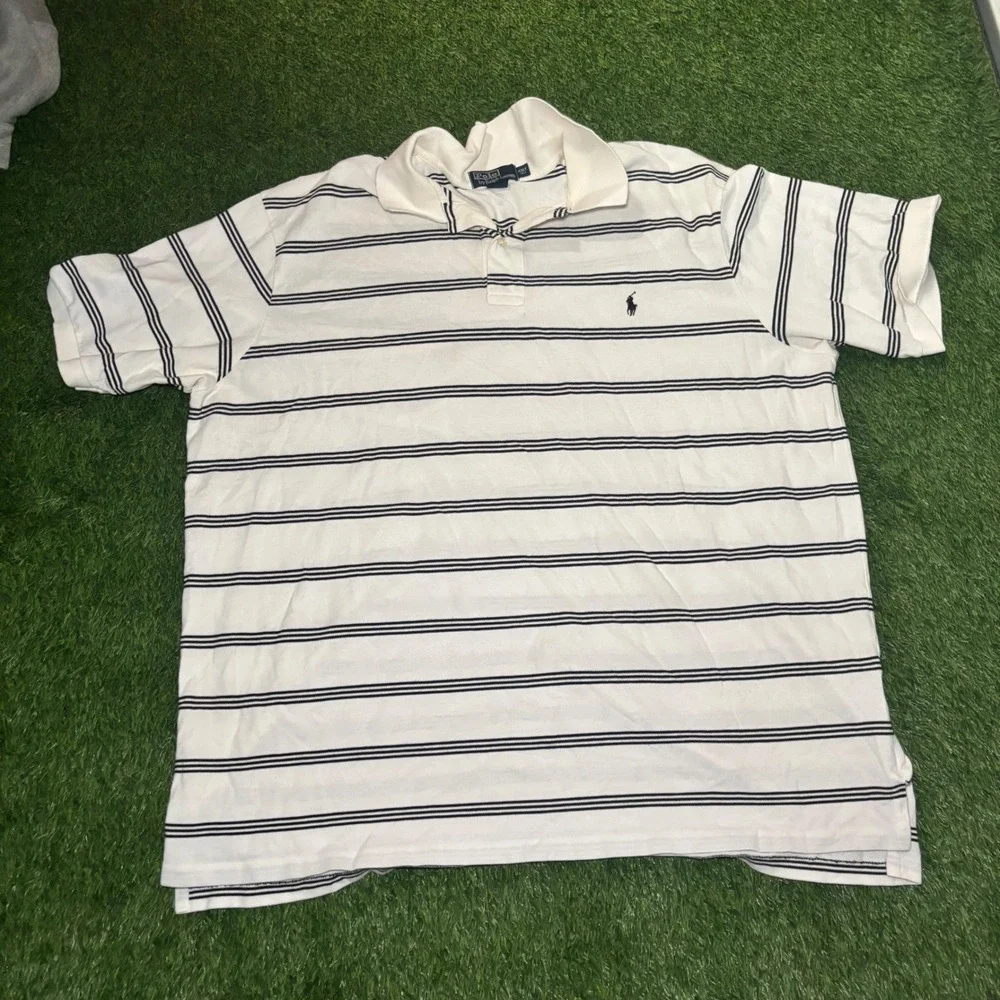 Polo Ralph Lauren Mens 4XLT Tall Striped Polo Shirt White Navy Blue Cotton Pique